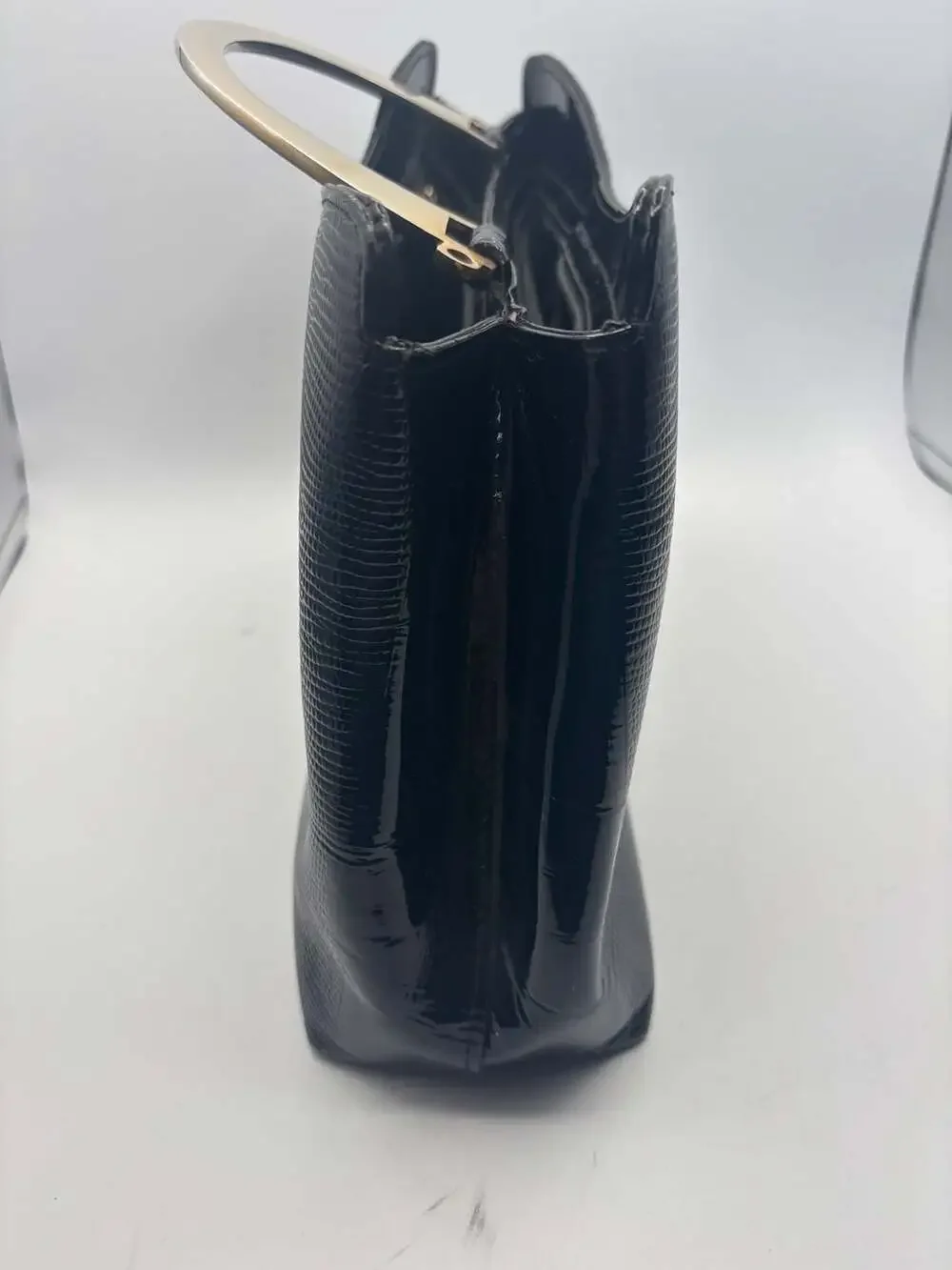 Vintage H.B. Black Patent Faux Reptile Handbag with Gold Metal Handle - 80s